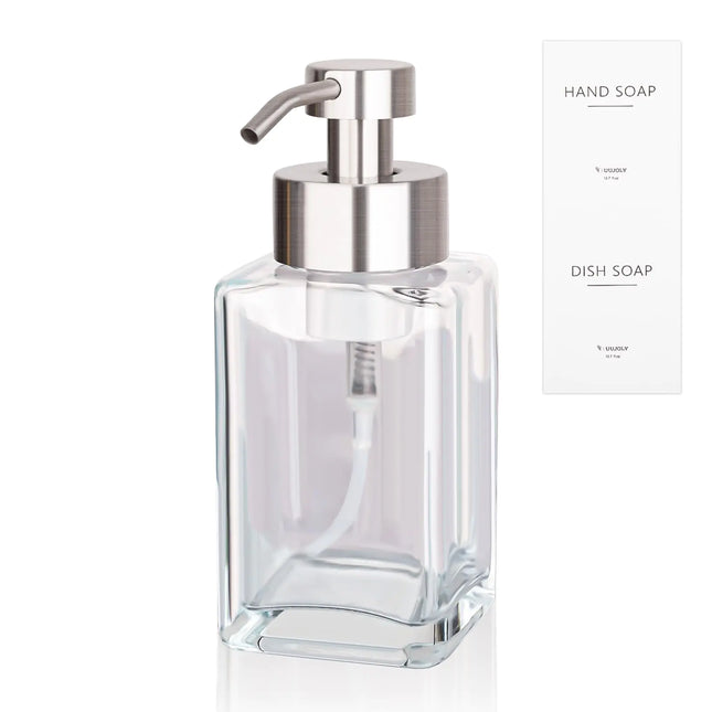Foaming Soap Dispenser with Stainless Steel Pump 12oz Refillable Glass Liquid Dish Soap Bottles for Bathroom Kitchen Sink Home Decor - Lamarshop1