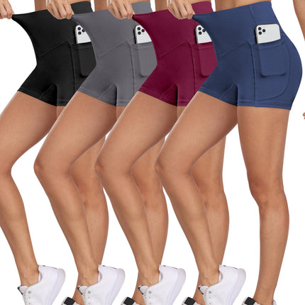NORMOV 4 Packs Spandex Yoga Shorts Women with Pockets 3 High Waisted Tummy Control Booty Shorts(Black/Dark Gray/Navy/BurgundyS)