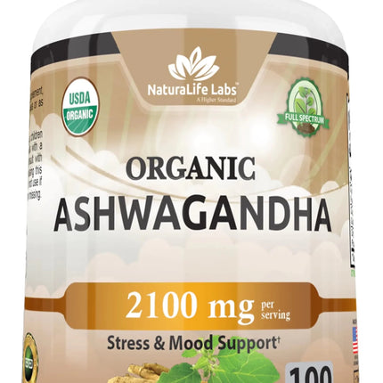 Organic Ashwagandha 2100 mg - 100 Veggie Capsules Pure Organic Ashwagandha Powder and Root Extract - Stress Relief Mood Enhancer - Lamarshop1