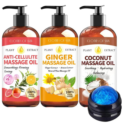 3 Pack Massage Oil for Massage TherapyGinger Oil Lymphatic Drainage & Cellulite Oil & Coconut Oil for SkinMassage Oil for Date NightRelaxing Sore Mucle Spa Treatment Gift with Massage Ball - Lamarshop1