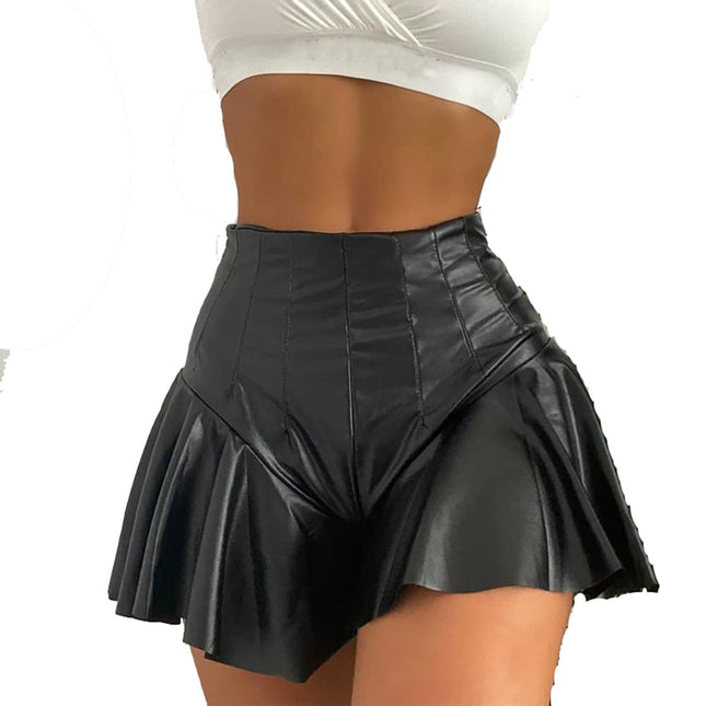 ABAFIP Womens Shiny PU Leather Shorts High Waist Ruffle Dance Bottoms Booty Shorts Rave Mini Hot Pants Black-Ruffle Large