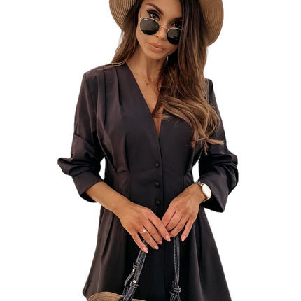 Women's Solid Color V-neck A-line Button Dress