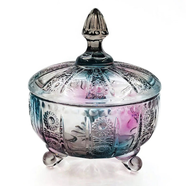 Grey Glass Candy Dish with LidSmoked Gray Candy Jar with Lid 16ozMulticolor Vintage Embossed Candy Dishes Bowl with Lids for Office Desk Coffee Table Decorative Buffet Storage Cookie LWXPAIYY(Grey) - Lamarshop1