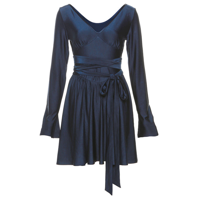 Fashionable V-Neck Backless Dress with Waist Tie