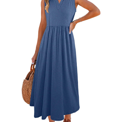 ANRABESS Womens Casual Dresses Summer Maxi Sleeveless Sundress V Neck A-Line 2025 Fashion Beach Vacation Long Dress Small Blue