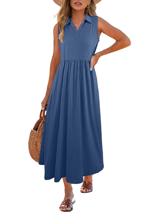 ANRABESS Womens Casual Dresses Summer Maxi Sleeveless Sundress V Neck A-Line 2025 Fashion Beach Vacation Long Dress Small Blue