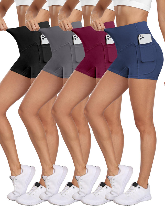 NORMOV 4 Packs Spandex Yoga Shorts Women with Pockets 3 High Waisted Tummy Control Booty Shorts(Black/Dark Gray/Navy/BurgundyS)