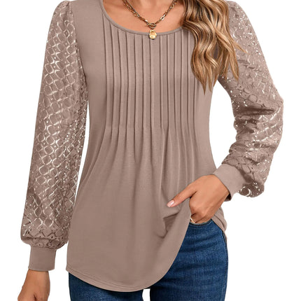 Riyiper Womens Lace Puff Long Sleeve Tunic Ladies Crew Neck Tops Pleated Blouses Casual Loose Fit Shirts Trendy(KhakiLarge) - Lamarshop1