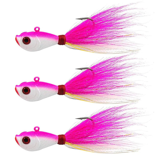 3pcs Bucktail Jigs Saltwater Fishing Lures Hair Jigs Saltwater Freshwater Baits Surf Fishing for Bass Striper Bluefish Flounder Halibut Redfish Walley 1/4oz 1/2oz 1oz 1-1/2oz 2oz (PI/WH 1/4oz)