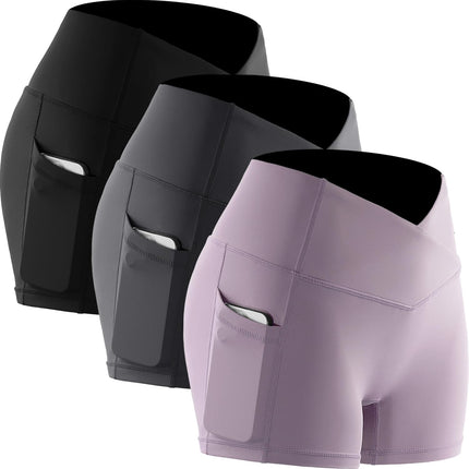 CADMUS Womens Gym Shorts Naked Feeling 3 Workout Running Spandex Booty Shorts 1038 Black & Grey & Light PinkXL