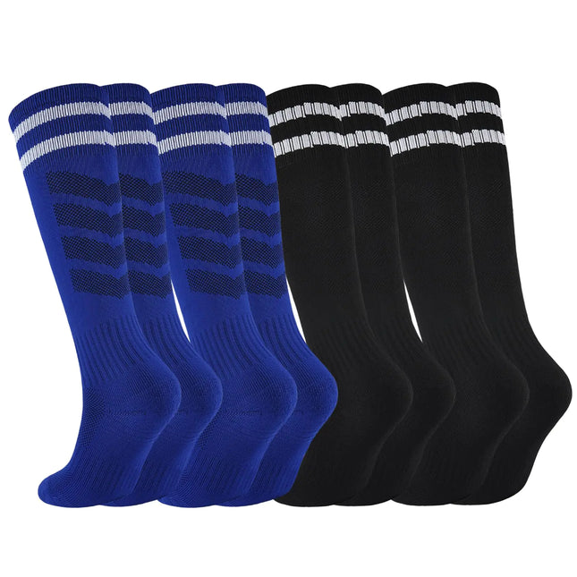 hakugoo Kids Soccer Socks Boys Girls Football Socks 4 Pairs Cushioned Athletic Socks 5 - 7 Years Youth Baseball Socks Striped Knee High Socks (Black+BlueS) - Lamarshop1