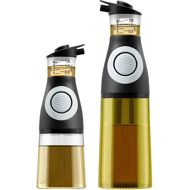 Belwares Oil and Vinegar Dispenser Set - New & Improved Dripless Oil Dispenser for Kitchen with Built-In Measuring Cup - Dishwasher Safe Olive Oil Dispenser Bottles - 2 Glass Oil Bottles for Kitchen
