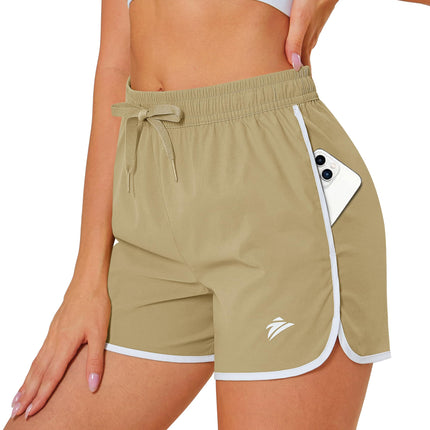 MAGOCOMSEN Womens Athletic Shorts with Pockets 3 Inch Sport Shorts Quick Dry Running Workout Shorts Khaki Shorts M