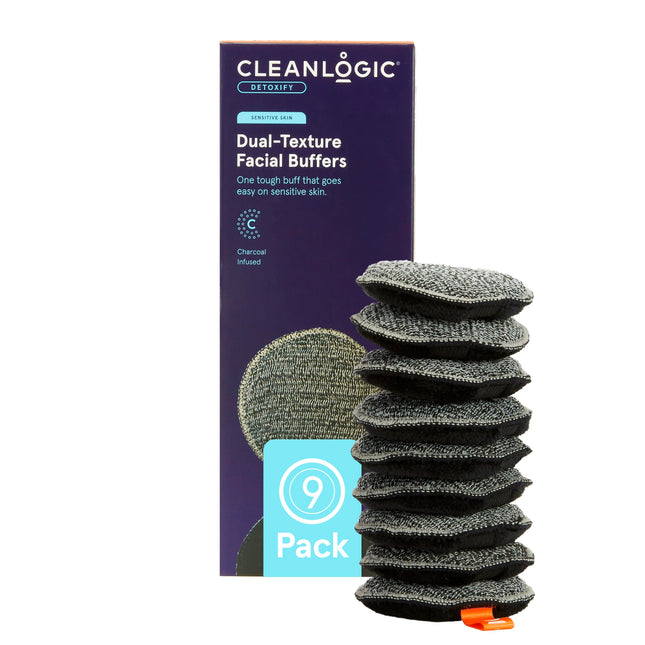 CleanLogic Bath & Body Charcoal Infused Exfoliating Dual-Texture Facial Pads Face Sponges for Cleansing & Softening Sensitive Skin MakeUp Remover Pads 9 Count Value Pack