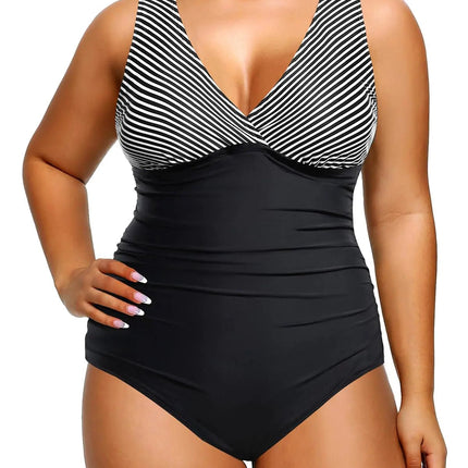 Aqua Eve Women Plus Size One Piece Swimsuits Tummy Control Bathing Suits V Neck Ruched Swimwear Black Striped 24W - Lamarshop1