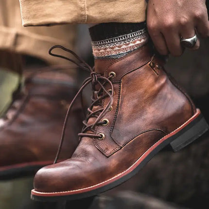 Men's Retro Lace-up Leather Ankle Motorcycle Boots