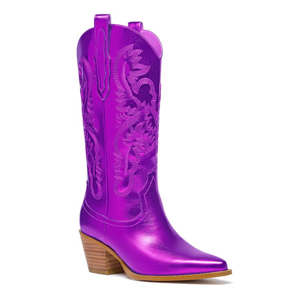 RKQ Womens Purple Sparkle Metallic Mid Calf Cowboy Boots Glitter Wide - calf Embroidered Cowgirl Boots Western Booties Pointed Toe Chunky Block Heel Pull On Tabs classic sexy party Boots 13 - Lamarshop1