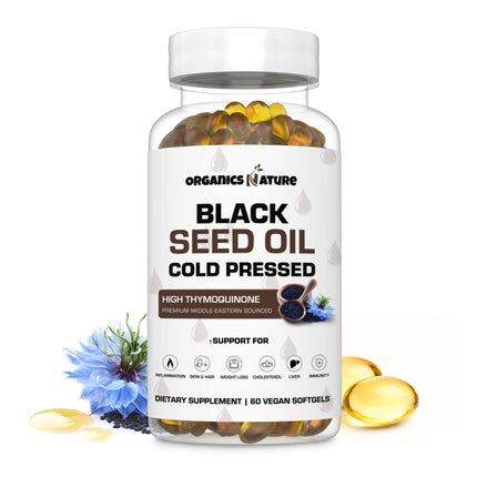 ORGANICS NATURE Black Seed Oil Capsules 1000MG Vegan Softgels for Hair & Skin Heart Support Nigella Sativa - 100% Cold Pressed Cumin Seed Oil Capsules High Thymoquinone Omega 3s