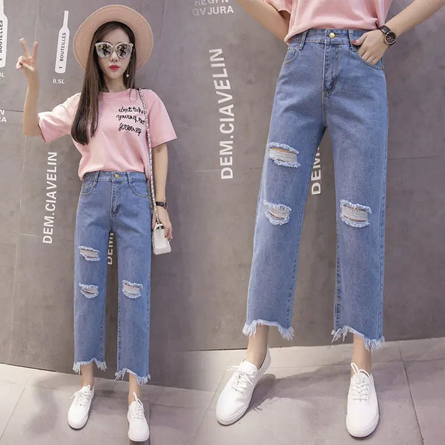 High-Waisted Ripped Wide-Leg Jeans