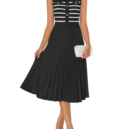 ZESICA Womens Sleeveless Striped Midi Dress Summer Crewneck Button Knit Swing Pleated A Line Casual DressesBlackX - Large - Lamarshop1