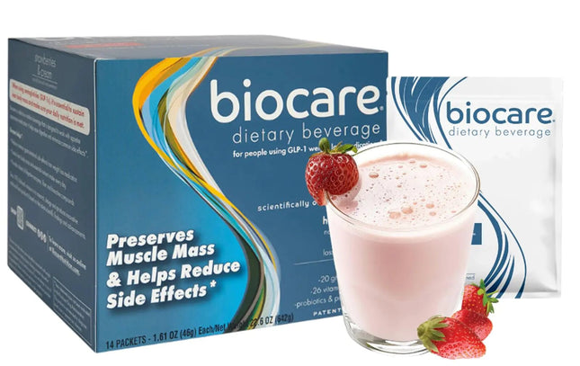 Biocare Nutritional Beverage for GLP-1 Users Dietary Powder Drink Provides 20g Essential Protein 26 Vitamins/Minerals Helps Ease Nausea Bloating Constipation Strawberries & Cream (14 Count)