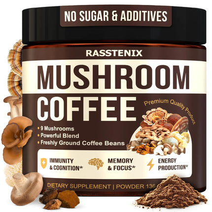 Rasstenix Mushroom Coffee Organic - 9 Mushroom Adaptogen Mix - Lions Mane Chaga Turkey Tail Reishi Shiitake - Instant Mushrooms Coffee for Gut Health Energy Mental Clarity - 60 Servings - Lamarshop1