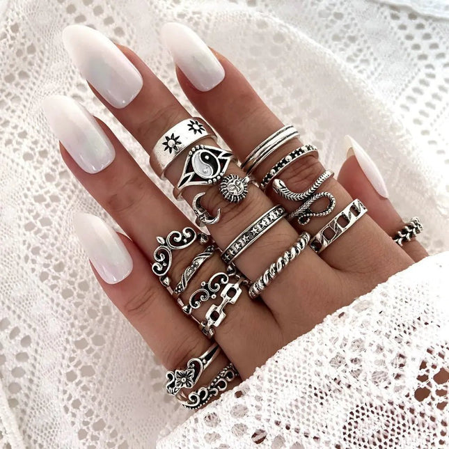 Retro Women's Black Drip Glazed Zircon Ring Set