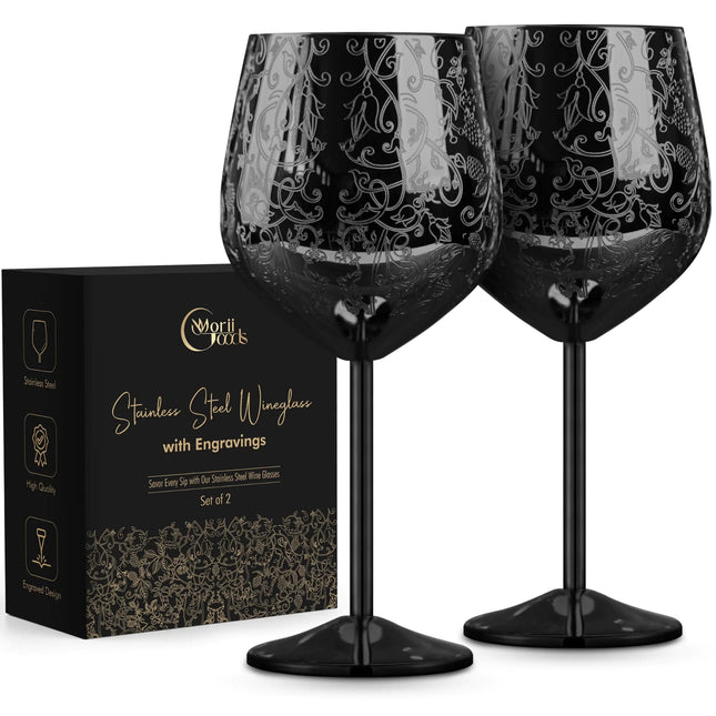 Morii Goods Stainless Steel Wine Glasses - Set of 2 Etched Wine Glasses Unbreakable Black Wine Glasses for Travel Camping and Pool Fancy Wine Glasses for Women and Men - Lamarshop1