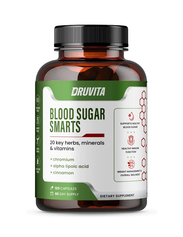 Druvita Blood Sugar Smarts - 20 Key Herbs Minerals & Vitamins - with Chromium Alpha Lipoic Acid Cinnamon & Bitter Melon for Men Women - Non - GMO Natural - 120 Capsules 60 Day Supply - Lamarshop1