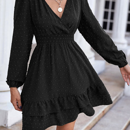 V-Neck Long Sleeve Ruffle Fitted A-Line Dress