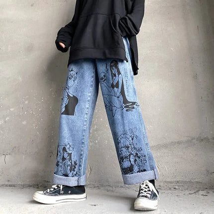 Anime Print Loose Wide Leg Jeans for Men