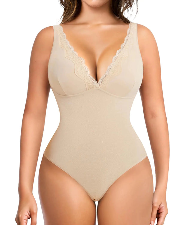 MERYOSZ Shapewear Bodysuit Tummy Control Body Shaper for Women V Neck Bodysuits Thong Lace Camisoles Jumpsuit Tops (Beige X - Large) - Lamarshop1