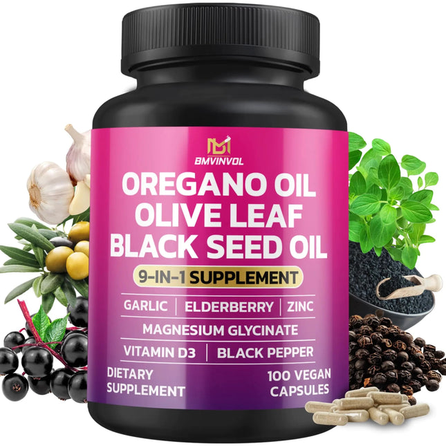BMVINVOL Oregano Garlic Olive Leaf Black Seed + 5 More - Immune Support & Digestive Health Supplement for Women and Men - 100 Capsules - Lamarshop1