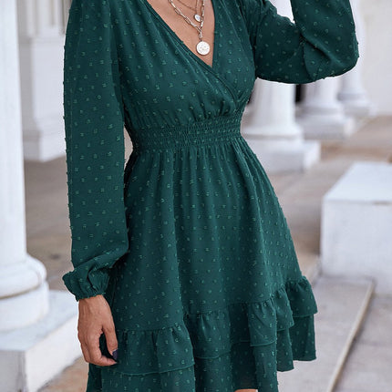 V-Neck Long Sleeve Ruffle Fitted A-Line Dress