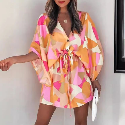 2023 Summer A-Line Dress with V-Neck and Tie Design