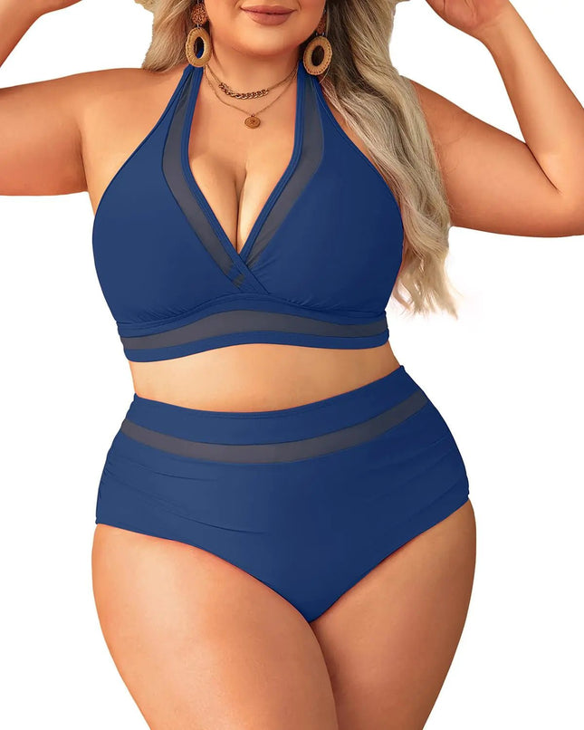 Tempt Me Women Plus Size Bikini High Waisted Swimsuits Mesh Tummy Control Two Piece Bathing Suit Navy Blue 22 Plus - Lamarshop1