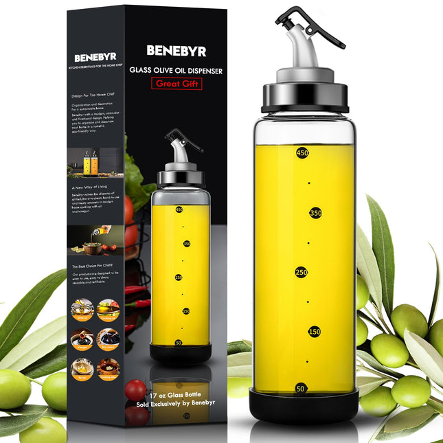 BENEBYR Glass Olive Oil Dispenser Bottle with Leakproof Pourer Spout and Shatterproof Rubber Bottom Cooking Oil Dispenser Bottle for Kitchen 17 oz Heat Resistant Olive Oil Bottle for Oil & Vinegar