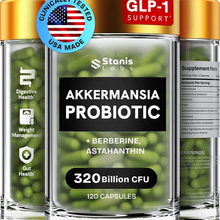 Akkermansia Probiotic 320 Billion CFU| GLP-1 Probiotic and Prebiotic | Akkermansia Muciniphila Probiotics For Women Digestive Health | Inulin Prebiotic Fiber Capsules Astaxanthin & Berberine 120 count