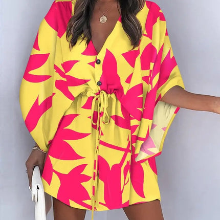 2023 Summer A-Line Dress with V-Neck and Tie Design