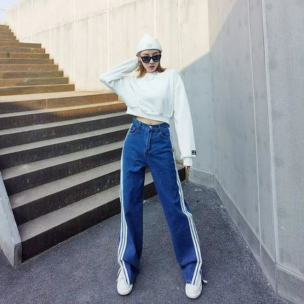 Women's Split White Striped Blue Casual Wide-Leg Jeans
