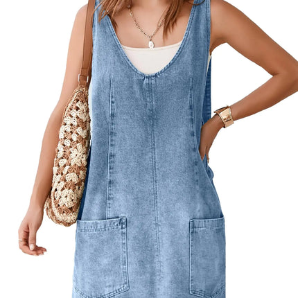 BerryGo Womens Denim V Neck Sleeveless Overall Dress Casual Mini Pinafore Dress Short Jumper Jeans Dress with Pocket Light Blue M - Lamarshop1