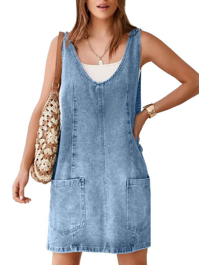 BerryGo Womens Denim V Neck Sleeveless Overall Dress Casual Mini Pinafore Dress Short Jumper Jeans Dress with Pocket Light Blue M - Lamarshop1