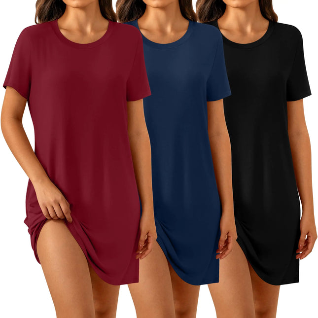Riyiper 3 Pack Womens Soft Nightdress Short Sleeve Crewneck Nightgowns Casual Plain Sleepshirts Loose Solid Sleep Dress (Black Navy Blue Wine RedLarge) - Lamarshop1