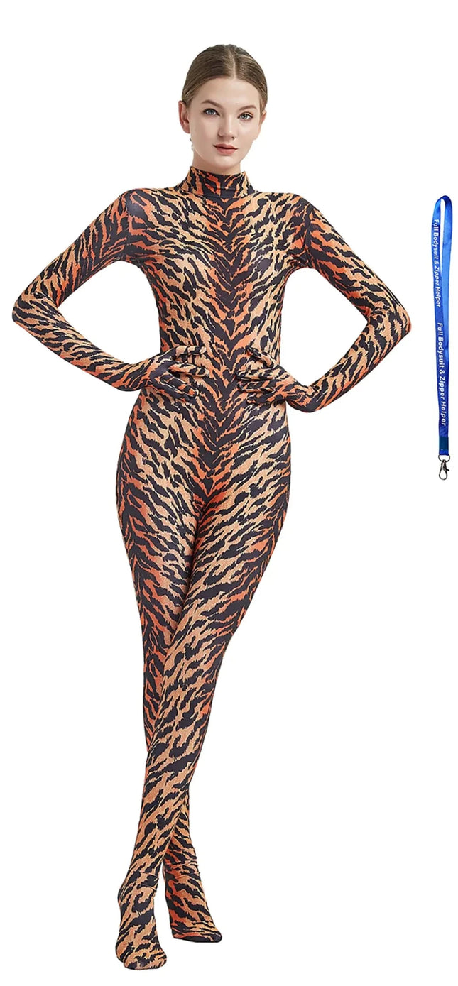 Full Bodysuit With Zipper Helper Womens Costume Without Hood Spandex Stretch Zentai Unitard Body Suit (Medium Tiger) - Lamarshop1