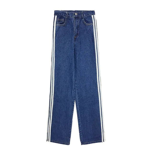 Women's Split White Striped Blue Casual Wide-Leg Jeans