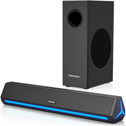 Passau TV Soundbar 2.1ch HiFi Stereo Small Sound Bar with Deep Bass Bluetooth/AUX/HDMI(ARC) Connection for TV Desktop Monitor PCPhones Tablets - Lamarshop1