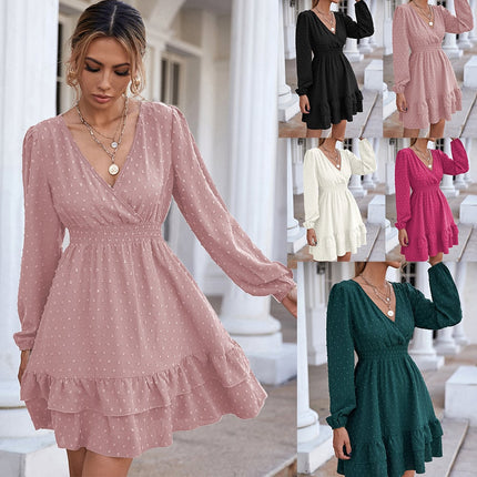 V-Neck Long Sleeve Ruffle Fitted A-Line Dress