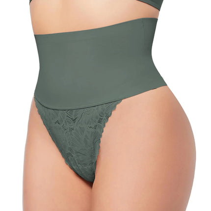 HBselect Tummy Control Thong Shapewear for Women Seamless Shaping Thong Panties with Lace Body Shaper Underwear Girdle Green - Lamarshop1