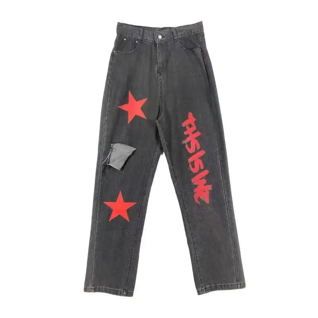 Vintage Stars Print Ripped Wide Leg Jeans