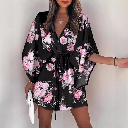 2023 Summer A-Line Dress with V-Neck and Tie Design
